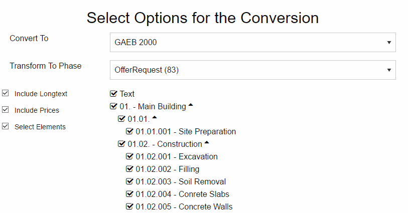 Options for the GAEB Converter